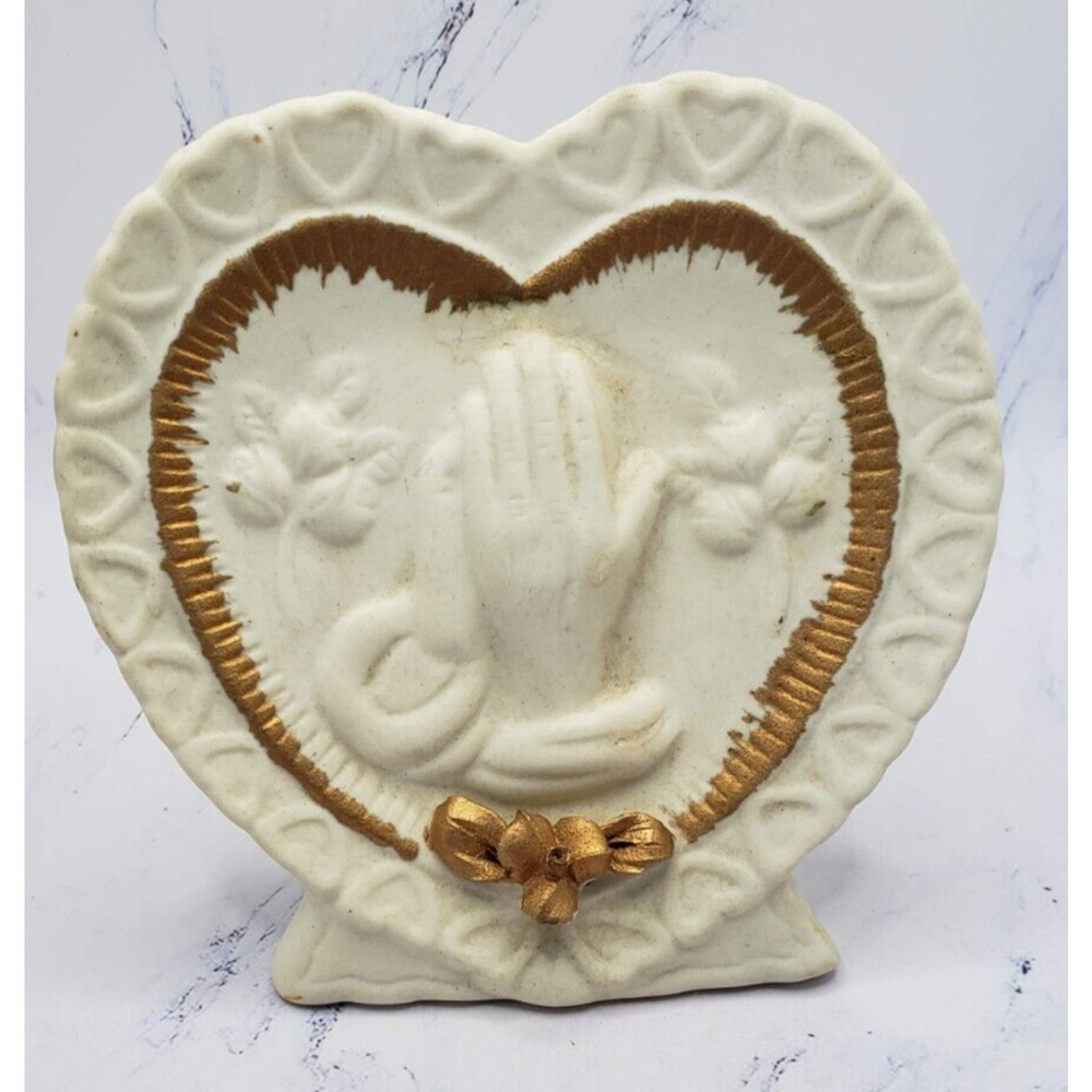 Heart Shaped Ceramic White and Gold Praying Hands Religous Figure